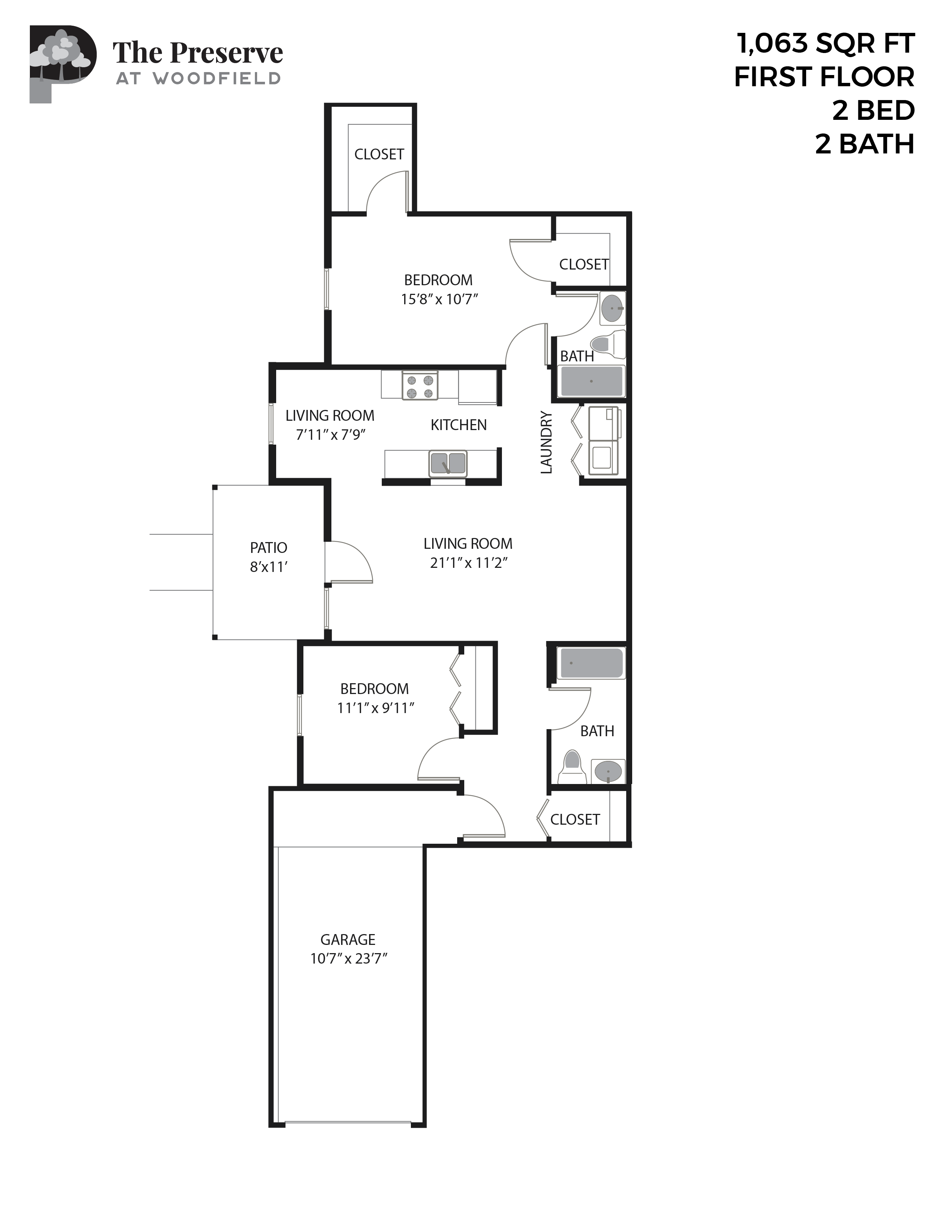 Floor plan for 2 beds, 2 baths, 1063 sqft